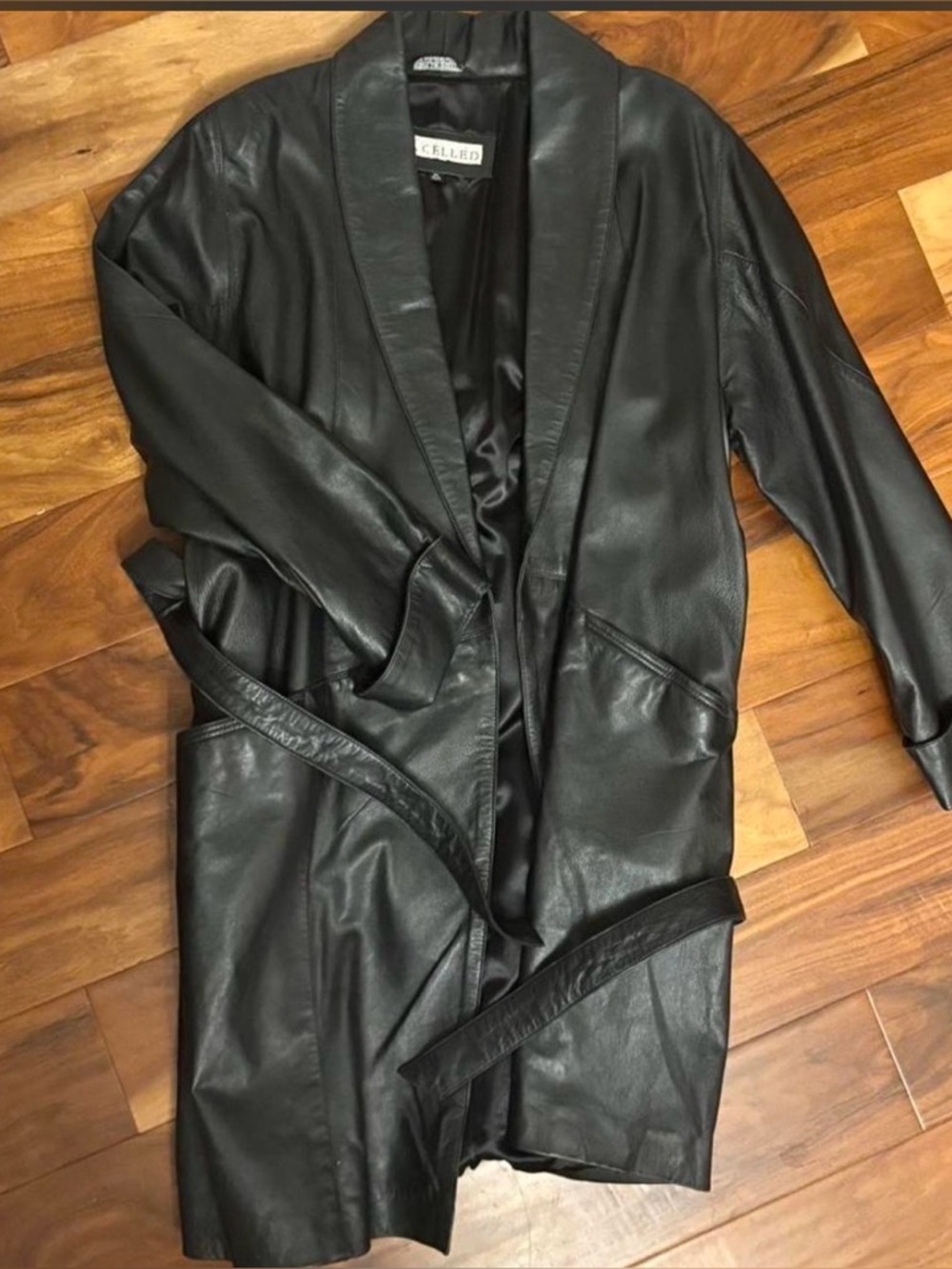 Black Leather Belted Long Jacket